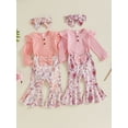 thumbnail image 4 of Suagox Baby Girl 3Pcs Clothes Set Spring Outfits Solid Color Buttons Long Sleeve Rompers Floral Print Flare Pants Headband for 0-18 Months Baby, 4 of 10