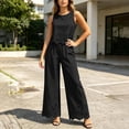 thumbnail image 4 of TEAJOPSUU Womens 2 Piece Sets Matching Lace Hem Outfits Sleeveless Crew Neck Crop Tank Tops High Waisted Wide leg Pants Sets Casual Daily Outfits Black, 4 of 7