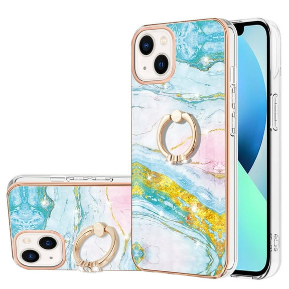 Allytech Compatible with iPhone 14 Case 6.1 inch 2022, Cute Marble Cover for Women Girls with 360 Degree Rotating Ring Holder Silicone Ultra Slim Soft Protective Case, Green Gold Marble