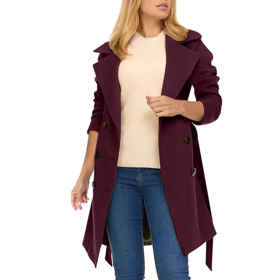 UAMVSH Women's Oversized Trench Jackets Comfy Double Breasted Coats Long Sleeve Belted Blazers Elegant Business Work Dressy Overcoats(X-Large,Wine)