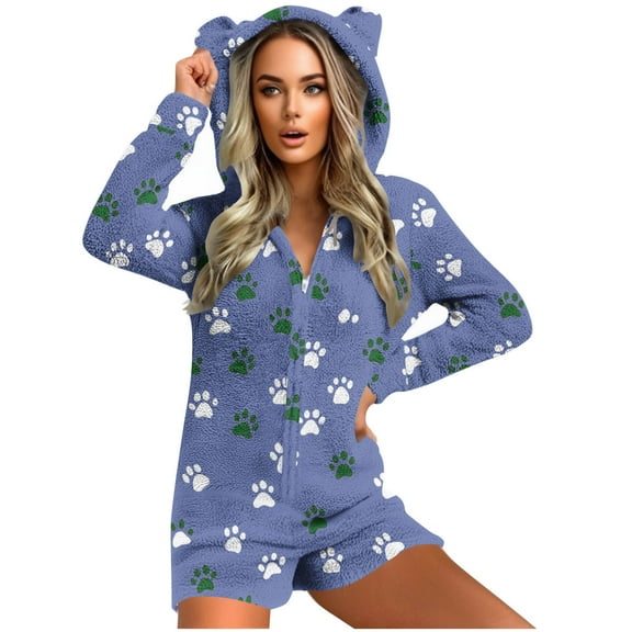 Women's Fleece Paw Printed Onesies Pajamas Jumpsuit Cute Ear Hood Warm Sherpa Romper Sleepwear One Piece Full Zip Playsuit (L, Blue)