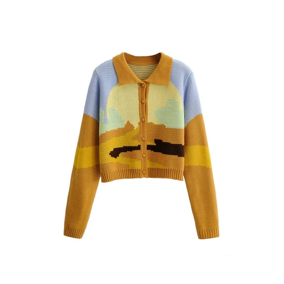 Douhoow Women Cropped Knitted Cardigan Color Block Lapel Single Breasted Sweater Knitwear