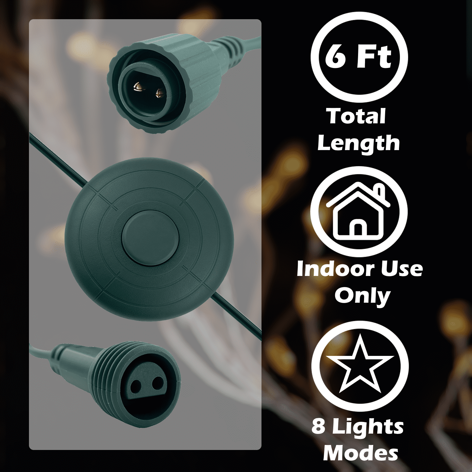 8 Lights Mode Power Cord 6 FT On/Off Foot Switch Compatible Replacement for Christmas X-Mas Tree Lights, Holiday Lighting, LED String Light Raintight 5/8 inch Connector Indoor (8 Lights Modes)