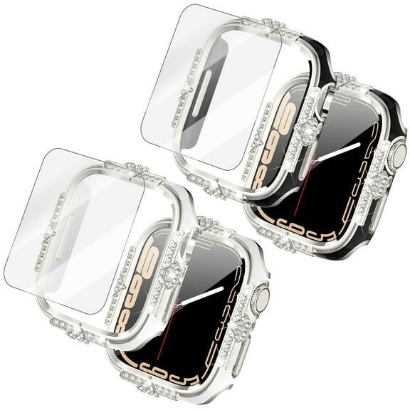 Allytechgroup [2 Pack] Glitter Case with Screen Protector for Apple Watch Series 10 46mm, Full Body Protective Tempered Glass HD Clear Screen Protector  Cover with Bling Rhinestone for Girls Women