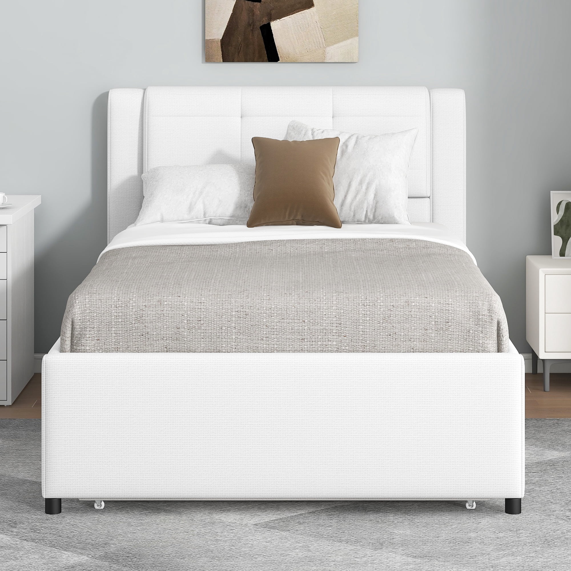 Euroco Upholstered Twin Platform Bed with Pop-up Twin Trundle for Bedroom, 2 Beds in One, Beige