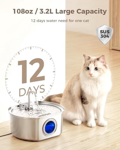 Cat Water Fountain Stainless Steel: 108oz/3.2L Cat Fountain for Drinking - Pet Water Fountain Inside - Automatic Dog Watering Dispenser Bowl - Pet Feeding & Watering Supplies - Water Level Window