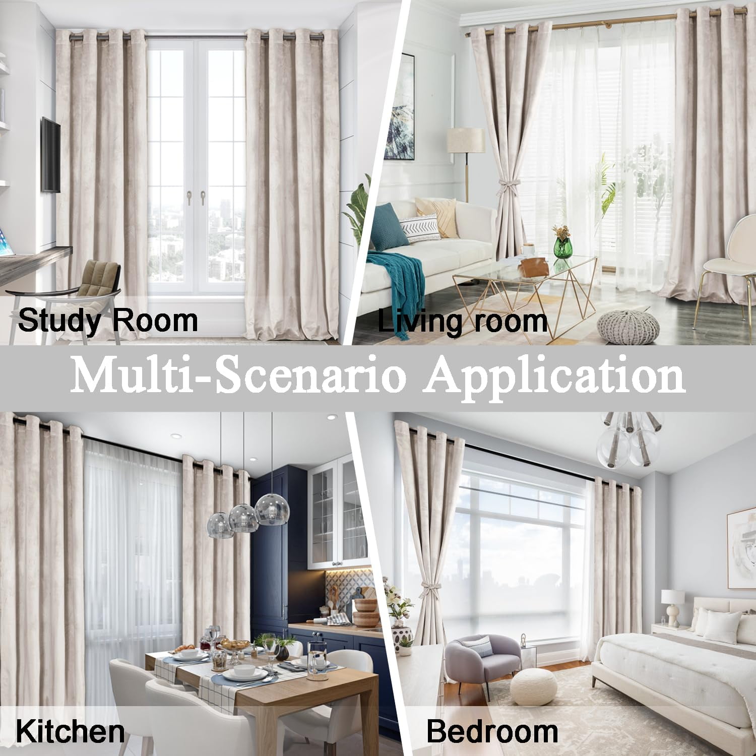 JIUZHEN Beige Velvet Curtains 84 inches Blackout Curtains for Living Room - Thermal Insulated Room Darkening Grommet Thick Velvet Window Drapes for Bedroom, Set of 2 with Tiebacks, 52W x 84L