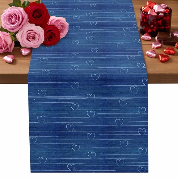 Valentine's Day Table Runner Blue Heart Table Runners Blue Denim Farmhouse Cotton Linen Dresser Scarf Kitchen Dining Table Decor for Valentines Wedding Party Decor 13x90 Inch