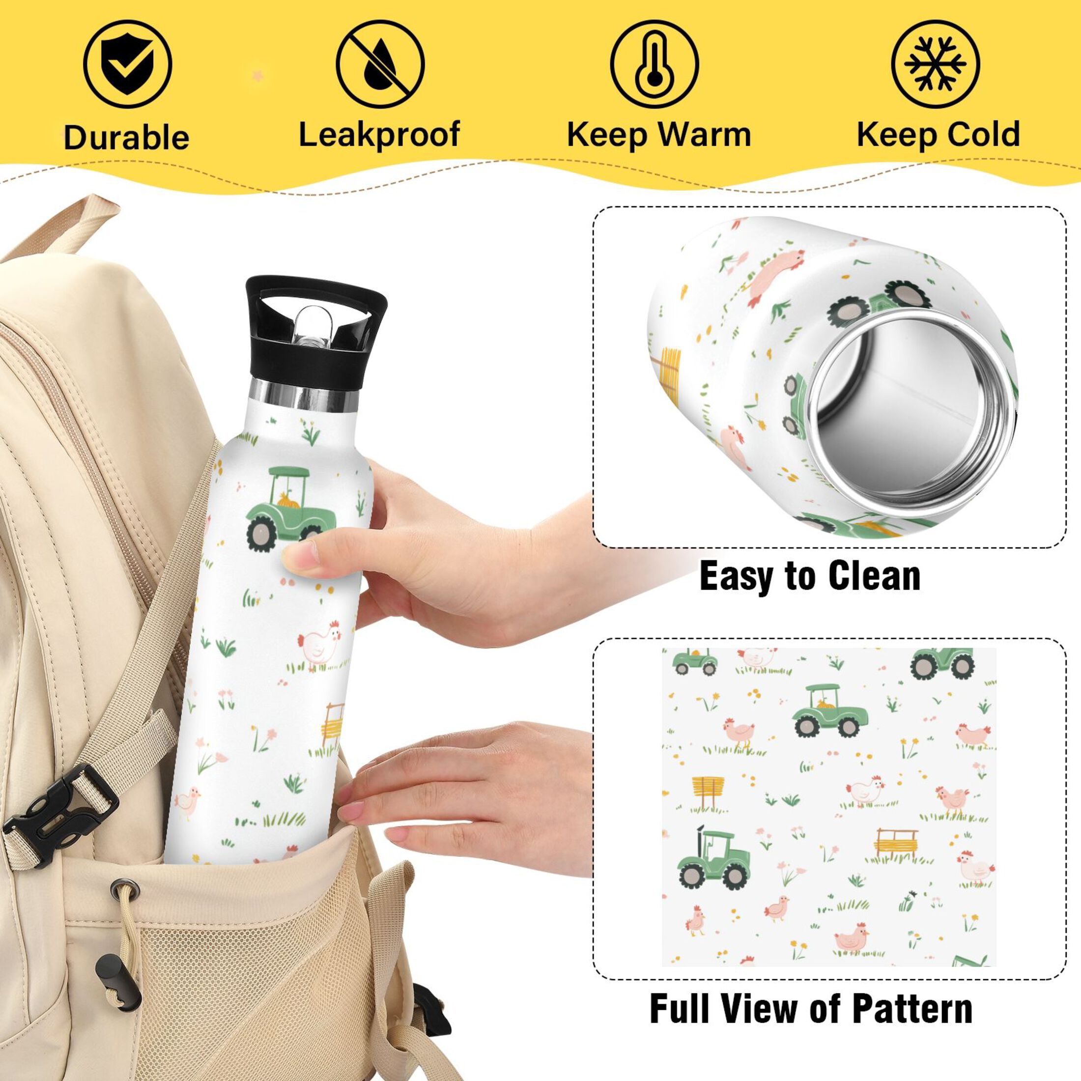 Kids Insulated Stainless Steel Sports Water Bottle 600ml (20oz) Cute Farmyard Pattern