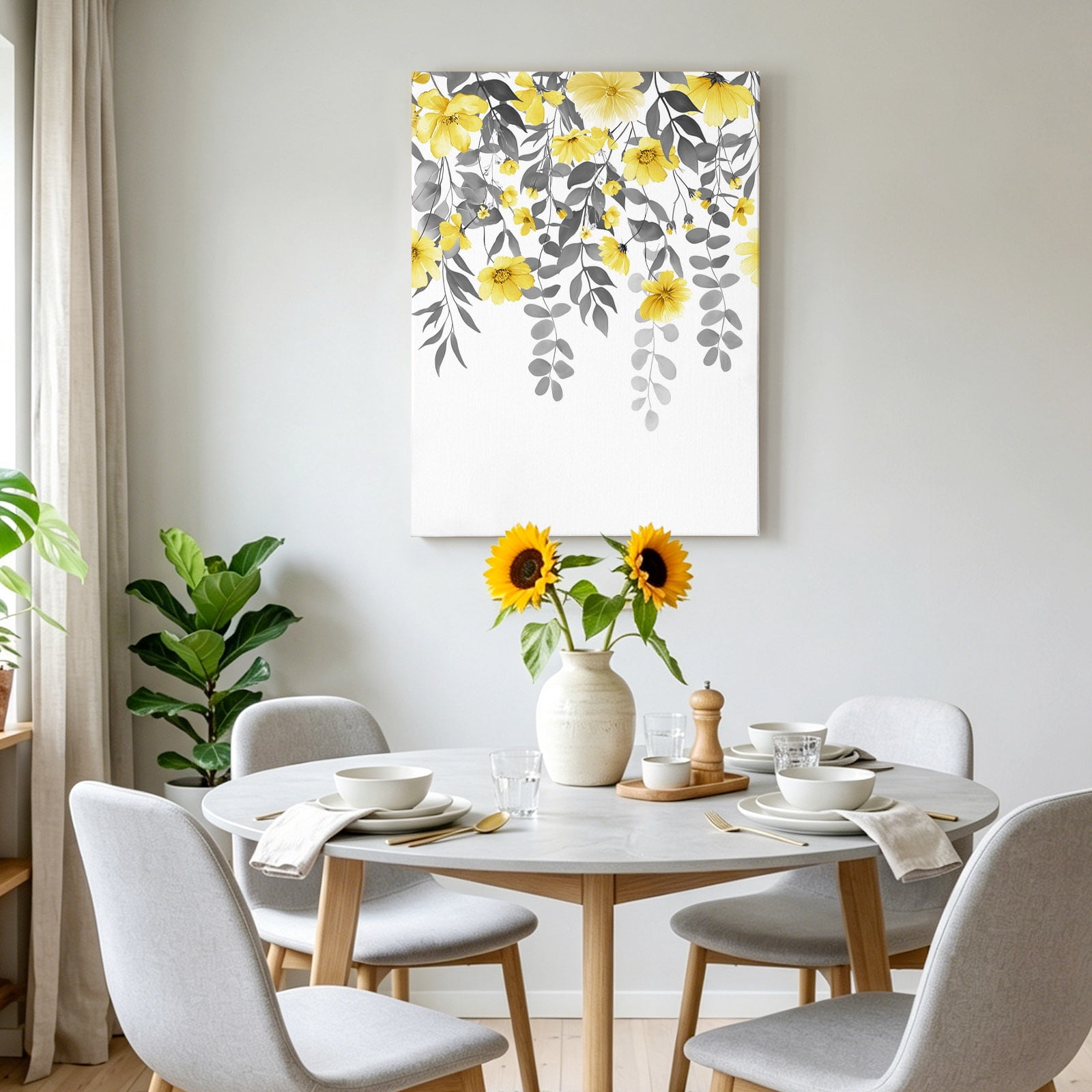 Spring Summer Flowers Canvas Wall Art for Living Room, Vintage Watercolor Yellow Floral Grey Leaf Plant Poster Print Painting for Bedroom Office Home Decoration Wall Pictures Prepare To Hang 16"x24"
