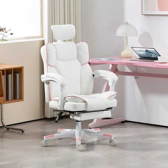 HOMCOM Executive Office Chair with Headrest, Foot Rest, High Back Desk Chair, Overstuffed Reclining PU Leather Computer Chair, White