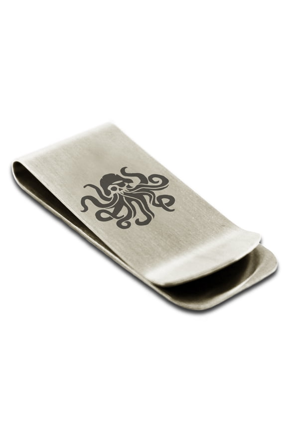 Stainless Steel Kraken Octopus Pirate Skull Engraved Money Clip Credit Card Holder