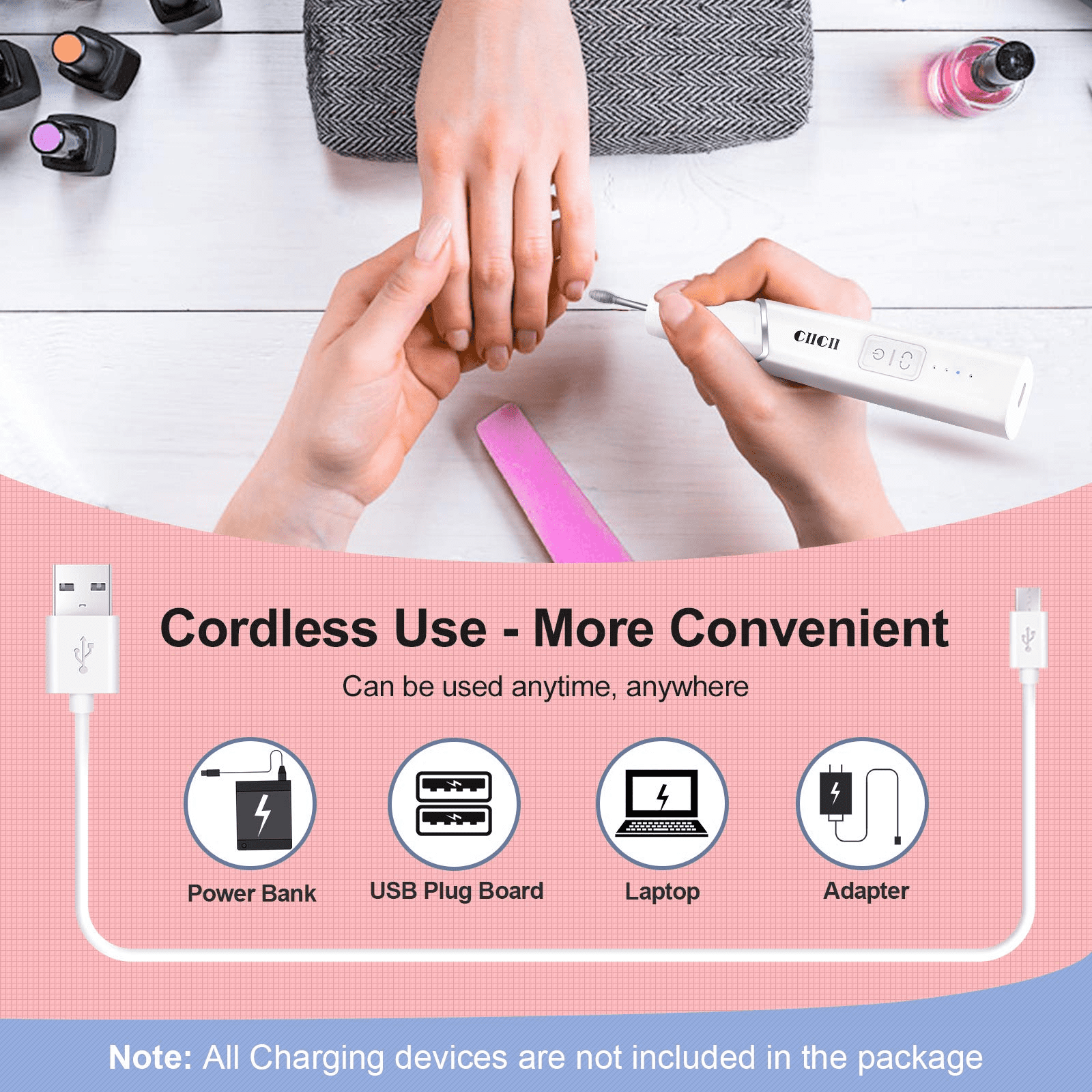Electric Nail Drill Machine, CIICII Professional Nail Drill Kit (66Pcs Cordless Portable 4-Speed Rechargeable Forward & Reverse Design Nail File Set) for Acrylic Nails/DIY Manicure & Pedicure