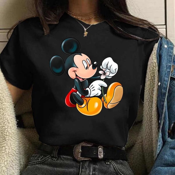 Disney Mickey and Minnie 100% Cotton T-shirt Cute Women's Top O-Neck Summer Kawaii Mickey Mouse Casual Tee Free ShippingXS Gao Jinjia LED