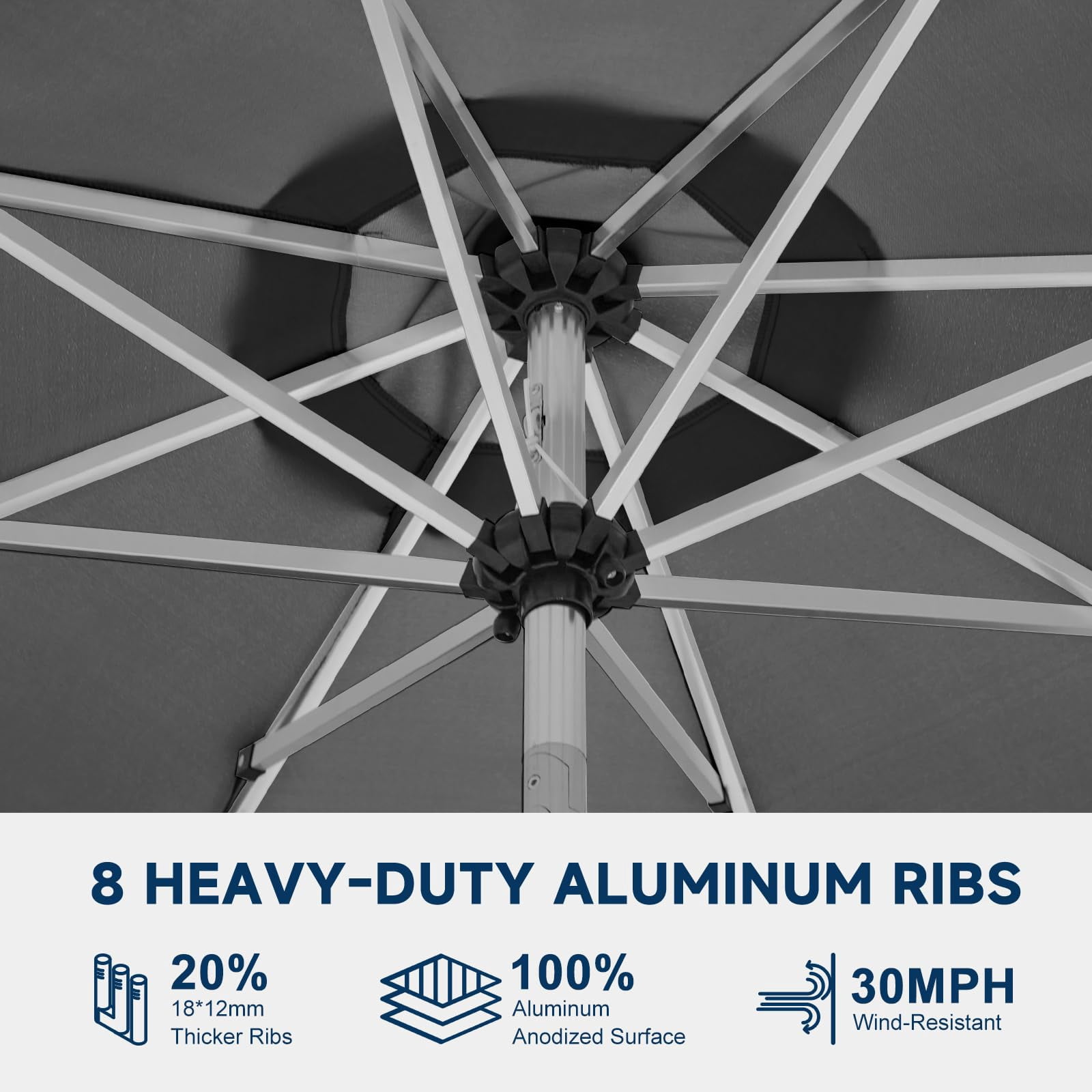 9FT Aluminum Outdoor Patio Umbrella, Fade-Resistant Market Umbrella with Push Button Tilt Function, 8 Sturdy All-Aluminum Ribs for Gardens, Patios, Backyards & Pools (Grey)