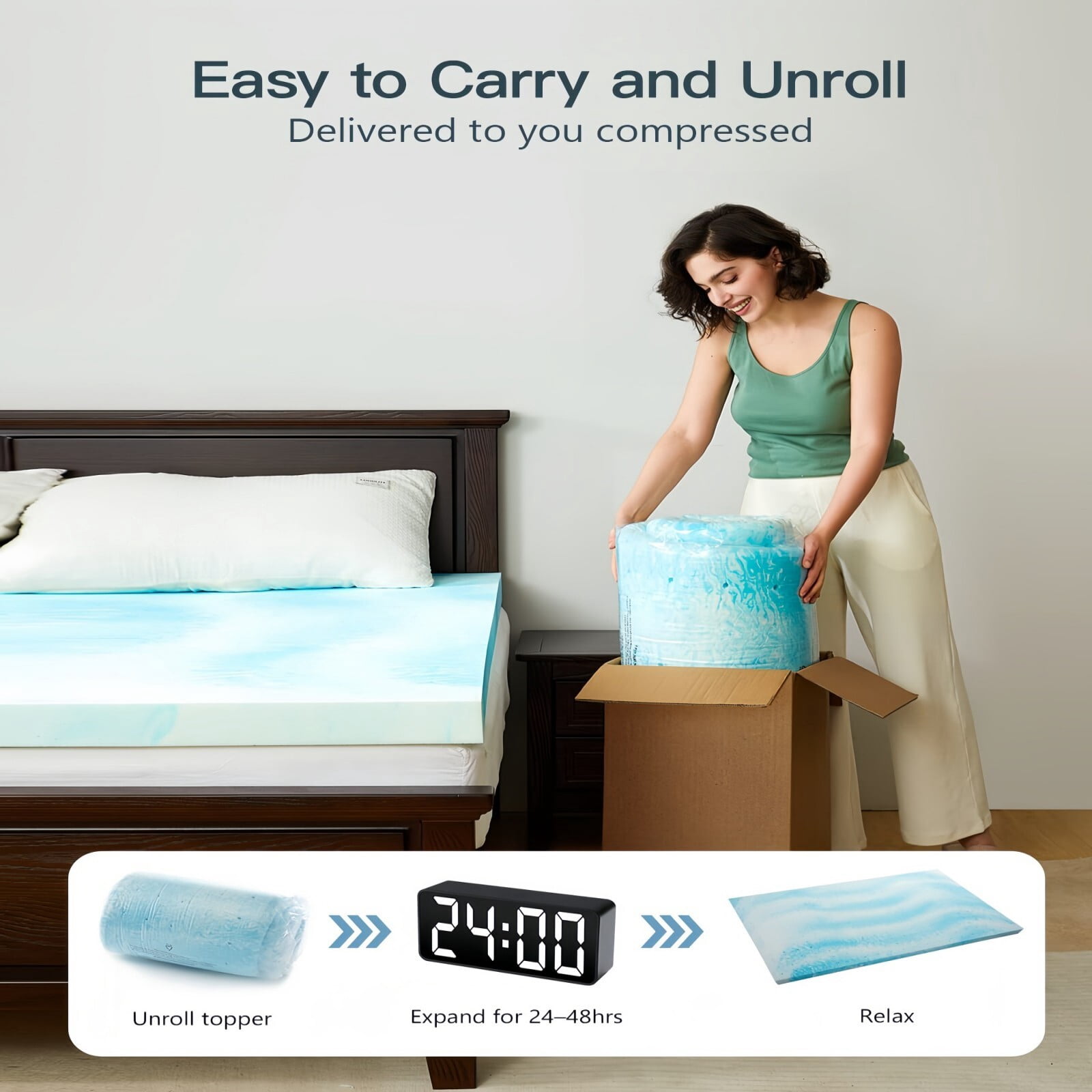 Kelno TwinXL Size Mattress Topper 3IN Cooling Gel Memory Foam Ventilated Breathable Bed Topper for Pressure Relief, Swirl Blue