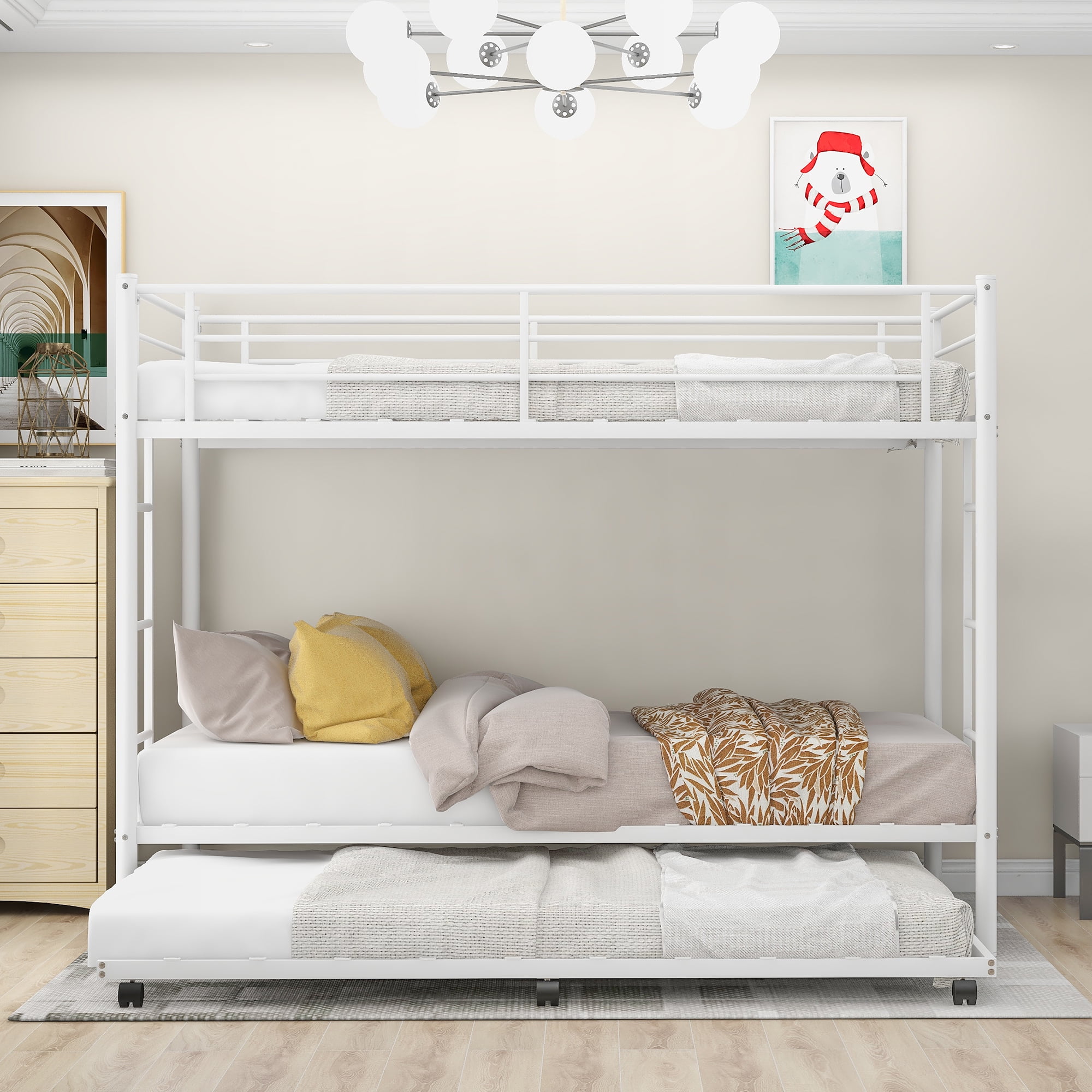 Euroco Metal Twin Bunk Bed with Trundle, 3 Beds for Kids and Teens, Solid Ladder and Safety Guardrails, White