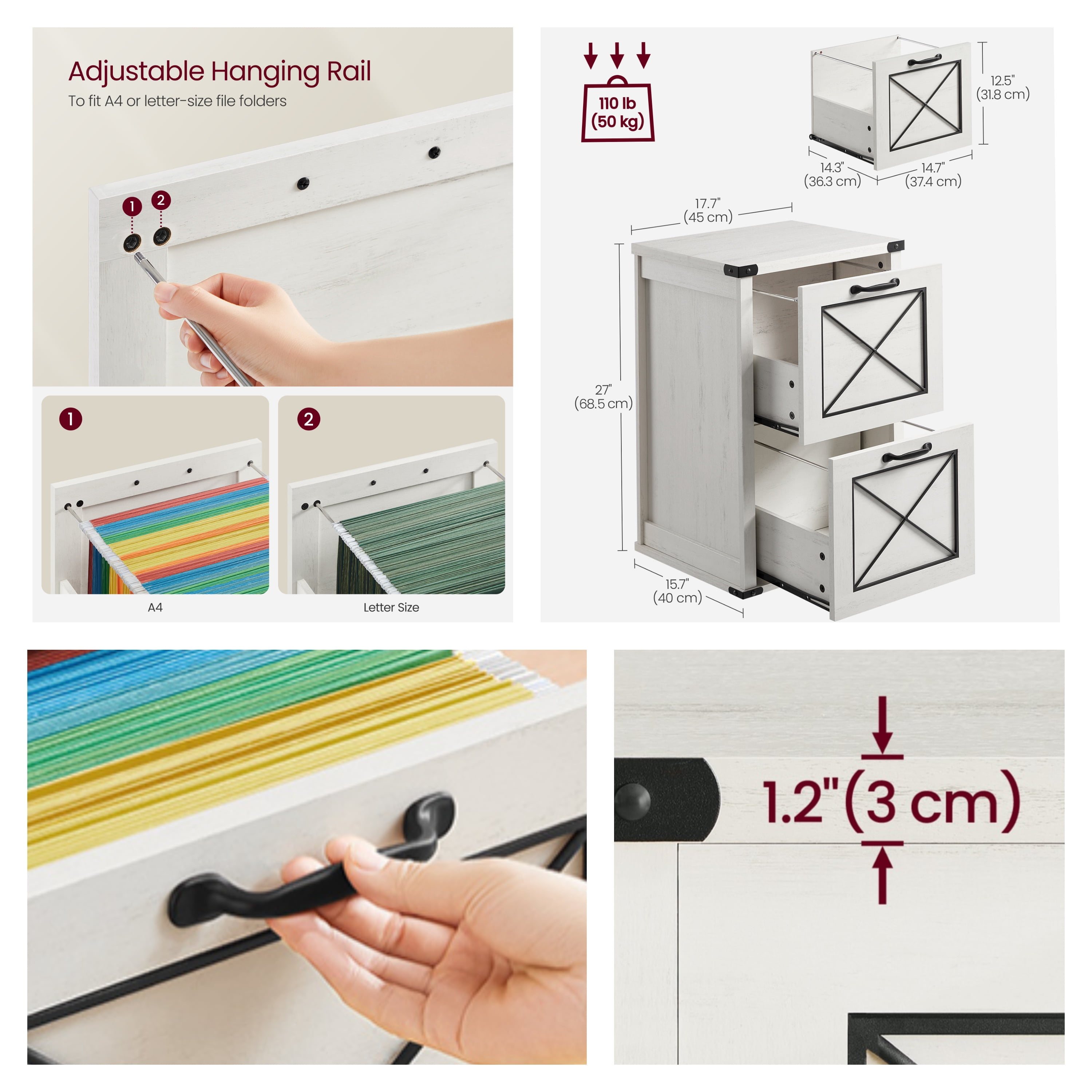LEDREM 2-Drawer File Cabinet with Hanging File Folders, Modern Farmhouse Office Cabinet and Printer Stand, Fits A4 & Letter Size, Rustic White