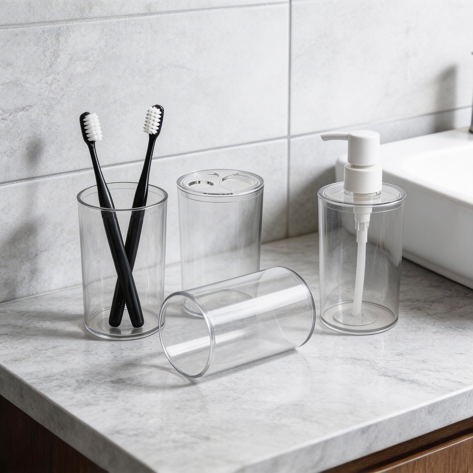 Koomade Clear Plastic 3 Toothbrush Holders + 1pc Soap Dispenser Bathroom Organization Set