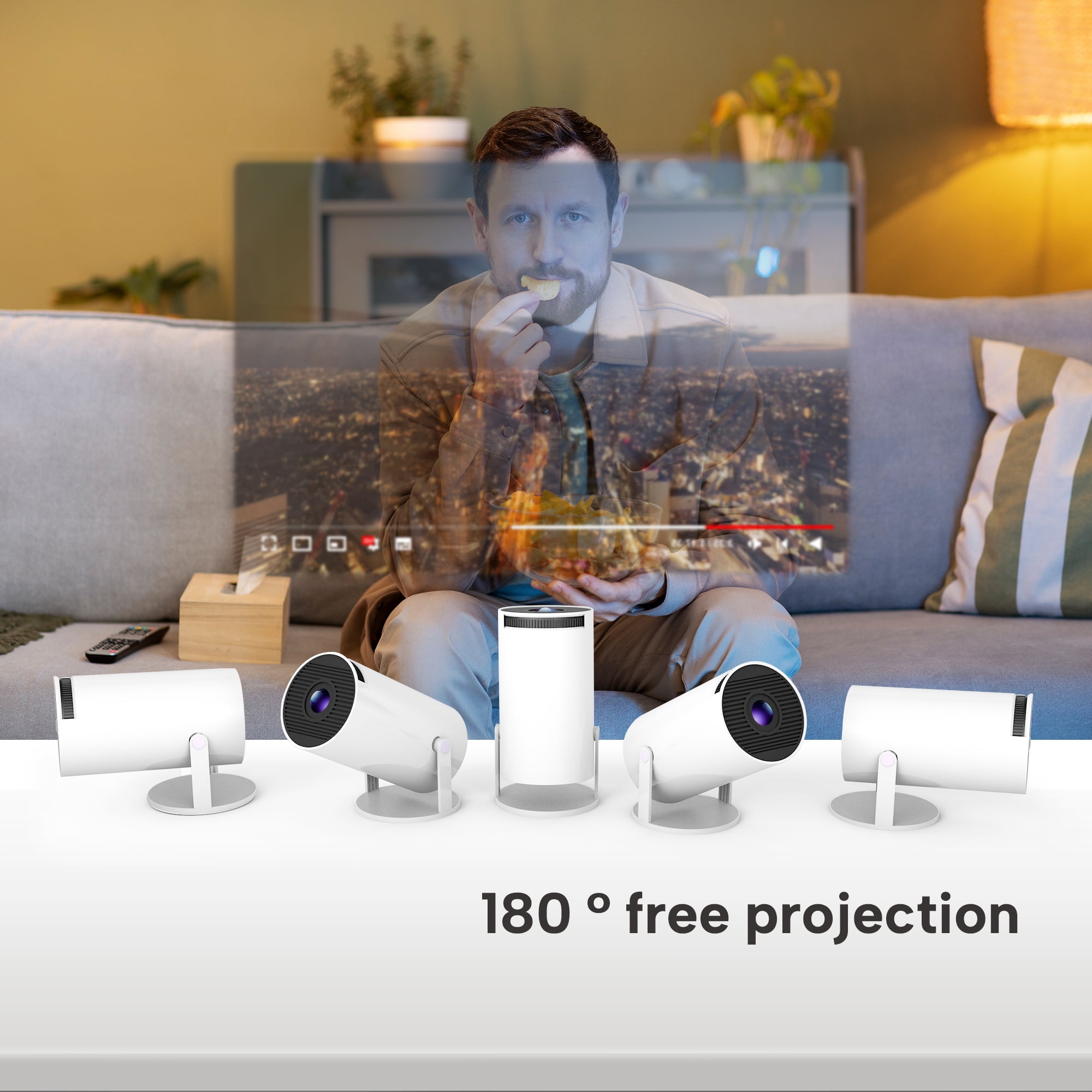 Smart Portable Projector 1080P 4K Support,180°Rotatable Design Home Theater Movie Projector for Outdoor, Compatible with Android/iOS/TV Stick/USB/HDMI