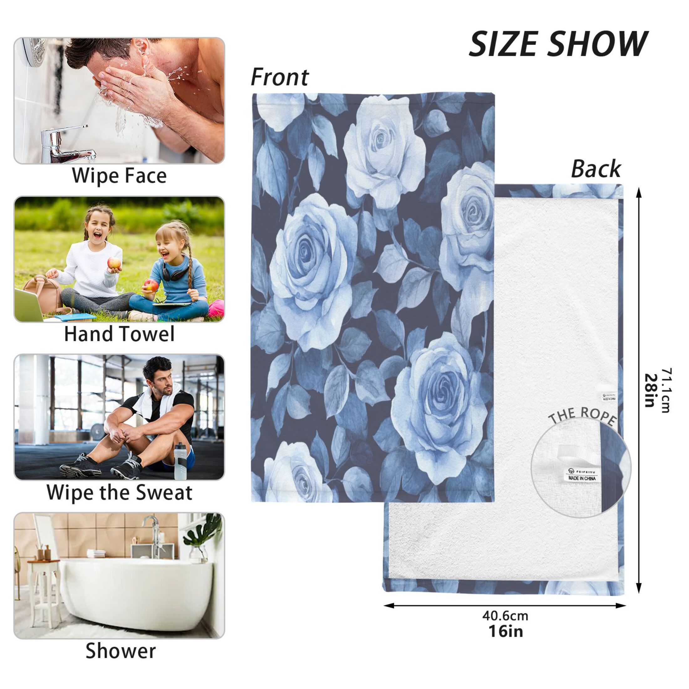 Cotton Towel Two-Piece 16x28 Inch One Sizex2 Face Towel Set Towel Set Cotton Hand Bath Towel Bathroom Beach Teal Roses