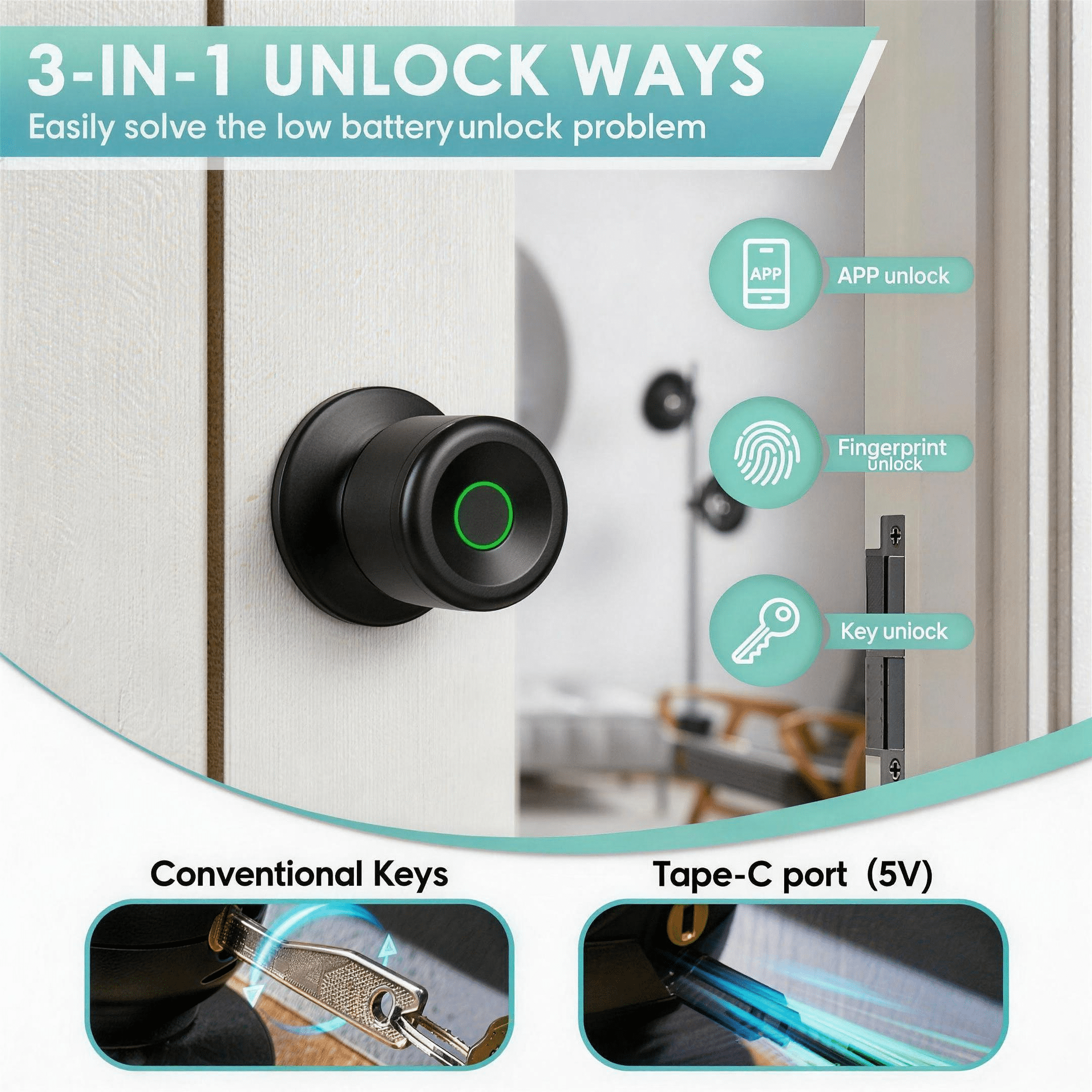 Fingerprint Door Lock, Smart Fingerprint Door Knob with Lock, Biometric Door knob with App Control & Key, Keyless Thumbprint Entry Door Lock for Bedroom, Front Door, Home, Apartment Office