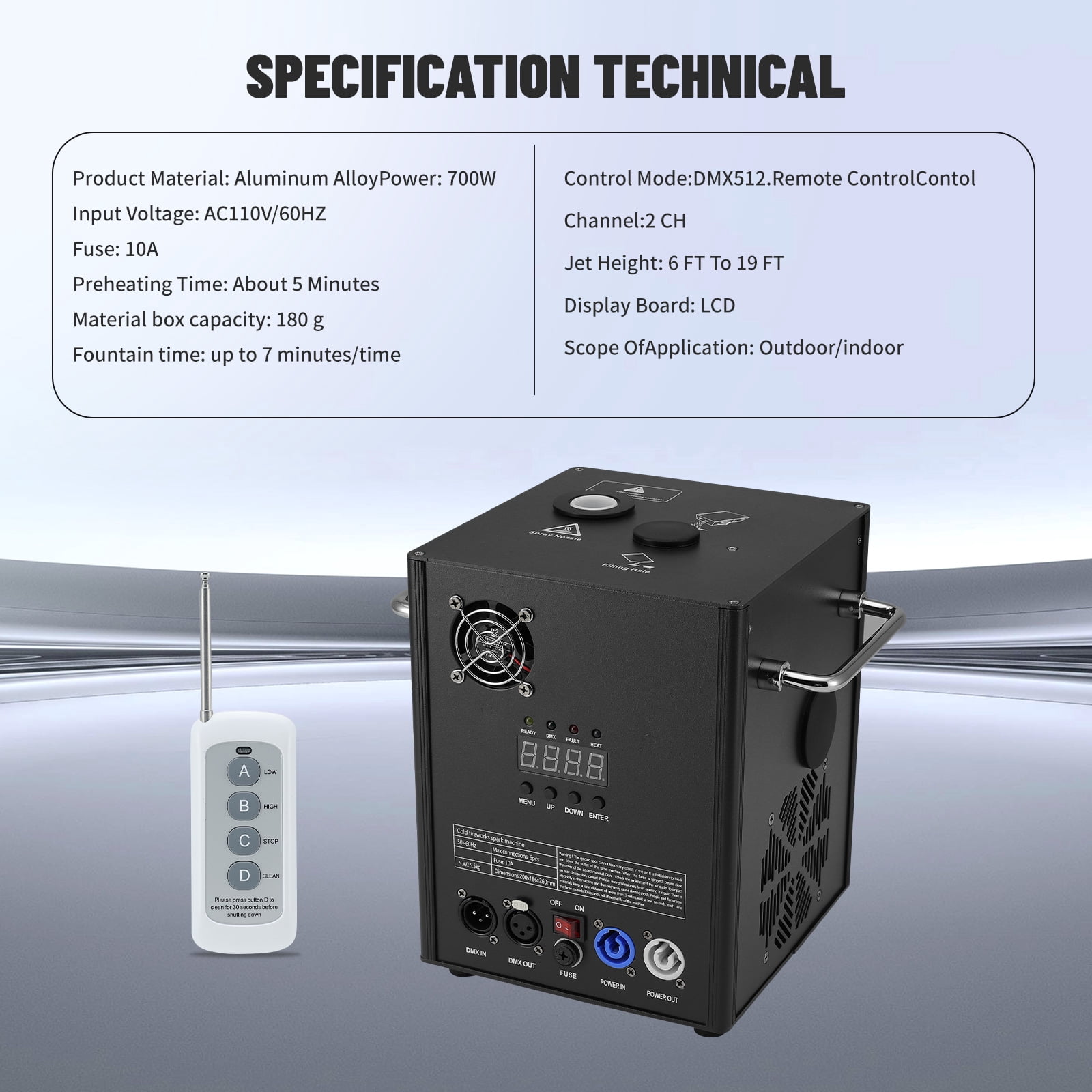 2 PCS 700W Cold Spark Machine DMX512 Firework Machine 6-19ft Adjustable for Wedding Stage Party DJ Disco with Air Box
