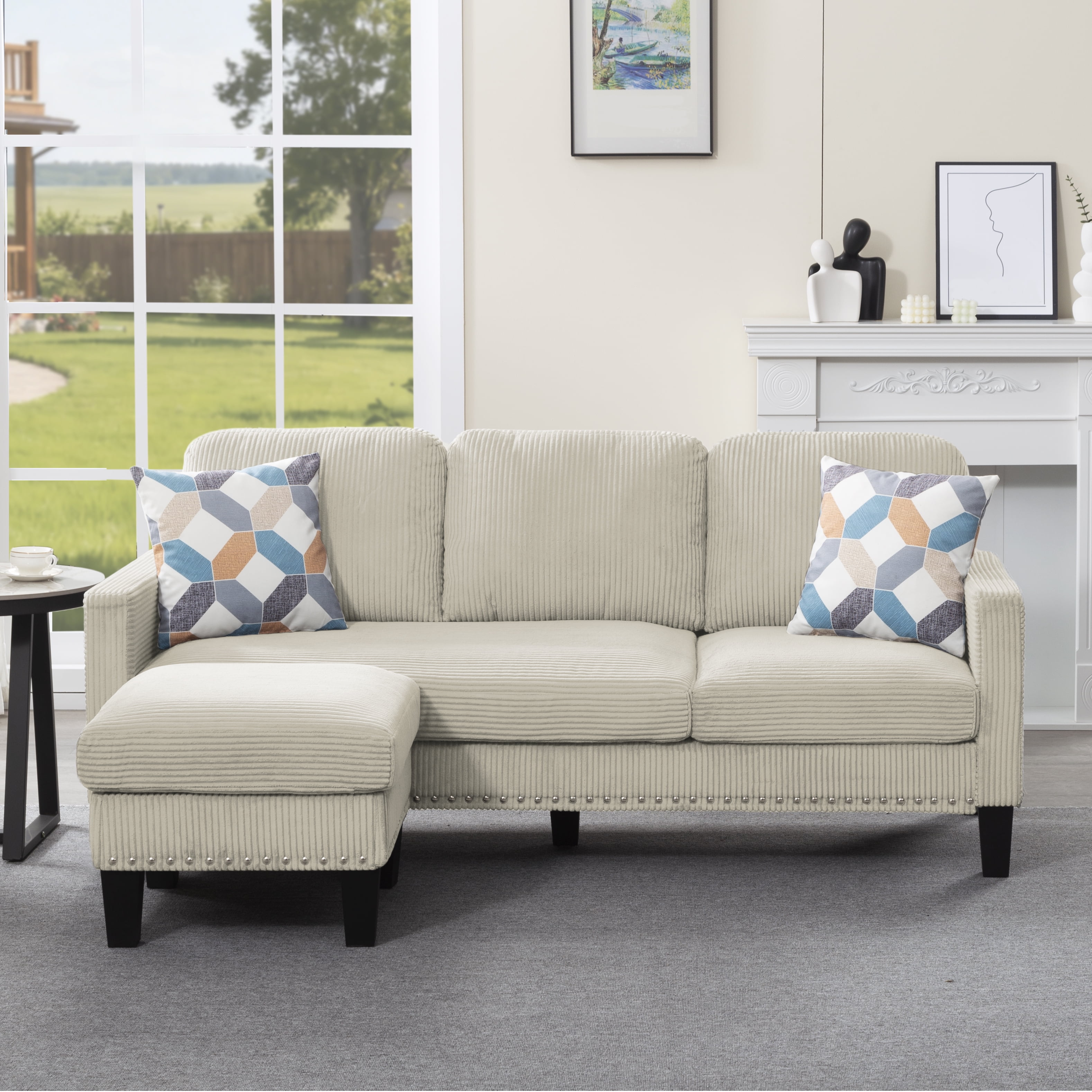 Gewnee 72.64"L-Shaped Sectional Sofa with Movable Ottoman,3-Seater Modern Reversible Chaise,Storage Pocket&Pillows,for Living Room,Office.Beige