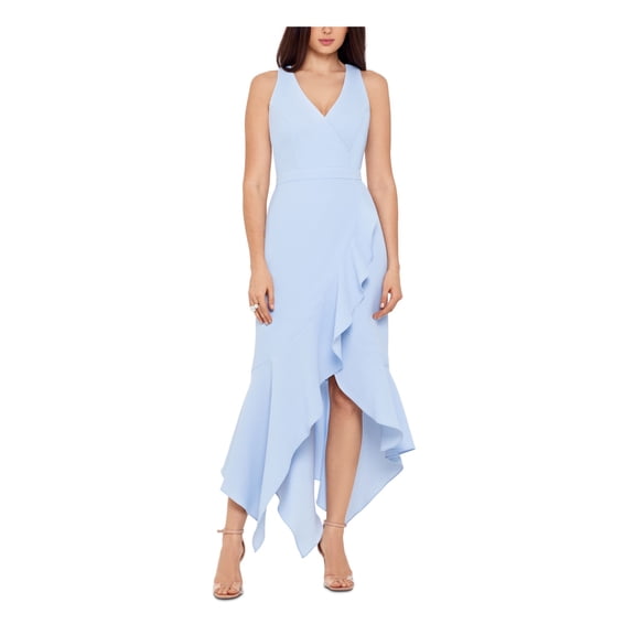 XSCAPE Womens Light Blue Ruffled Zippered Sleeveless V Neck Above The Knee Evening Hi-Lo Dress 6
