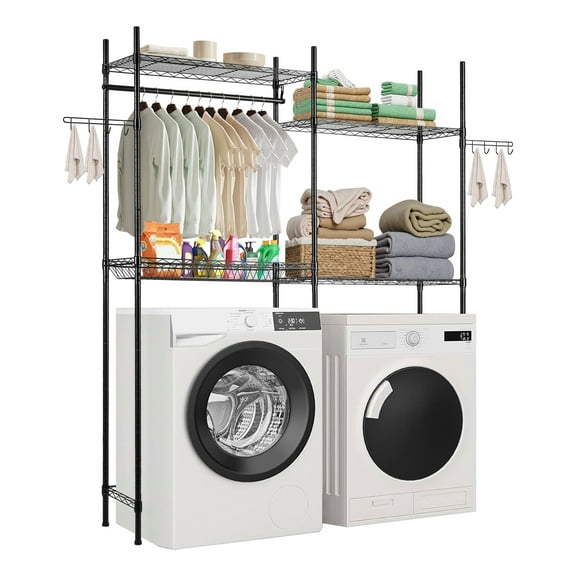 VEVOR Over Washer and Dryer Storage Shelves, 4 Tiers Laundry Room Drying Rack with Hanger Rod and Hooks, Two Rows Adjustable Washer Shelves Space Saver, for Laundry Room Storage & Organization, Black
