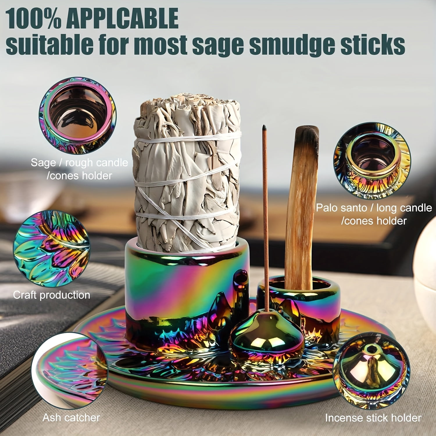 1pc Artistic Ceramic Candle Holder & 4-in-1 Incense Burner - Electroplated Rainbow Finish, Multifunctional Palo Santo & Sage Smudging Kit, Boho Home Decor with Vibrant Iridescent Finish