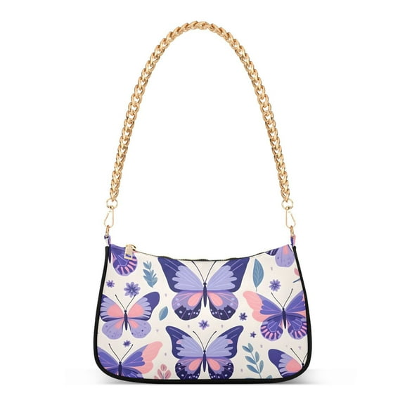 Womens Chain Shoulder Bag Butterflies Purple Classic Tote Handbags Fashion Clutch Hobo Purse with Zipper for Travel Casual