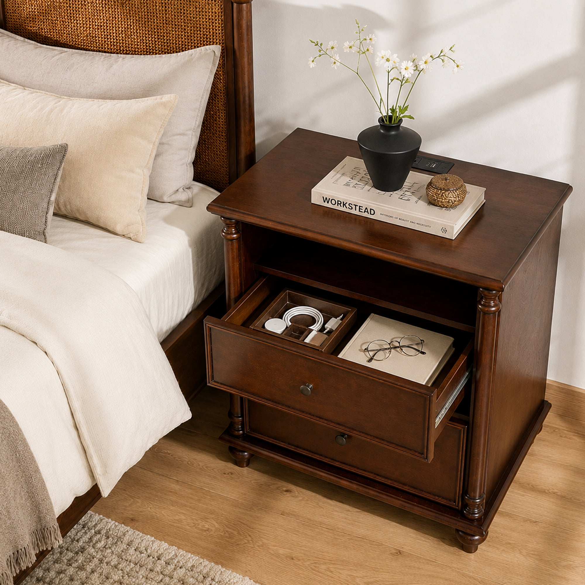 28" Nightstand with Charging Station, Rustic Brown Nightstand, 2 Drawers End Table, Bedside Table Walnut for Bedroom