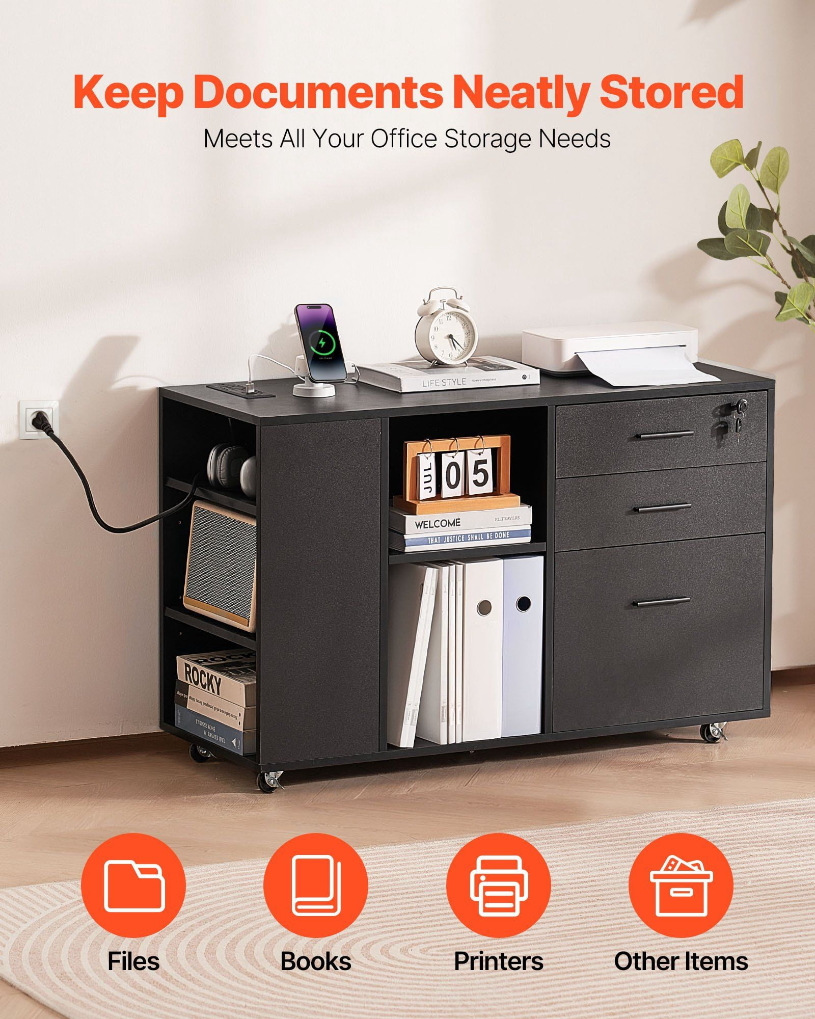 3 Drawer Wooden File Cabinet with Power Strip, Mobile Rolling Office Storage Cabinet with Lockable Drawers, Adjustable Shelves, and 5 Casters for Home or Office Organization, Black