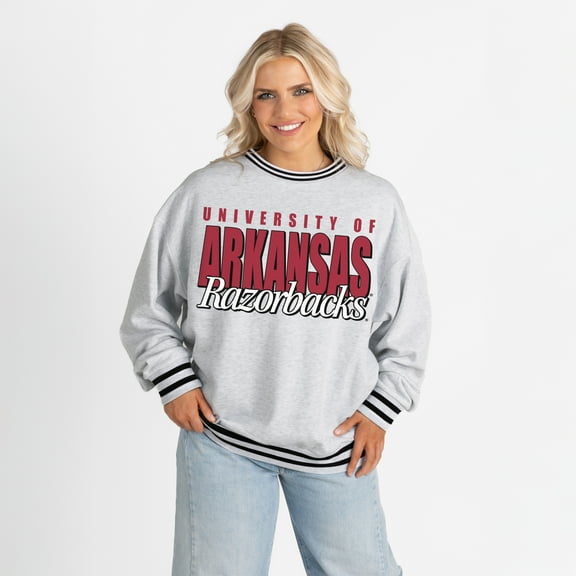Women's Gameday Couture Gray Arkansas Razorbacks Oversized Showdown Ringer Stripe Sweatshirt