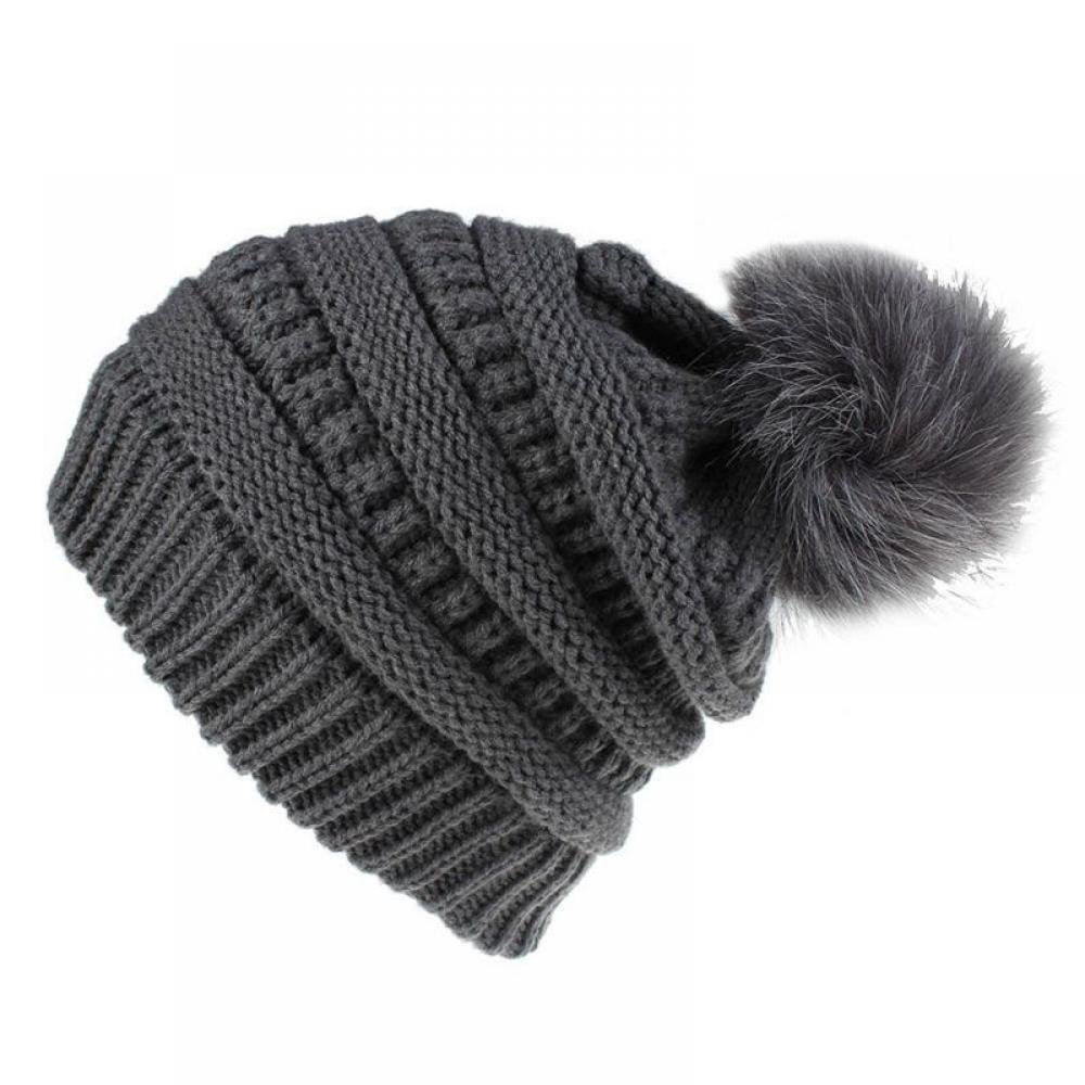 Bonnet D'hiver Tricoté Main En Laine 100% - Pompon En Fourrure Véritable - Taille Ajustable 56-62 Cm - Violet - Allemagne