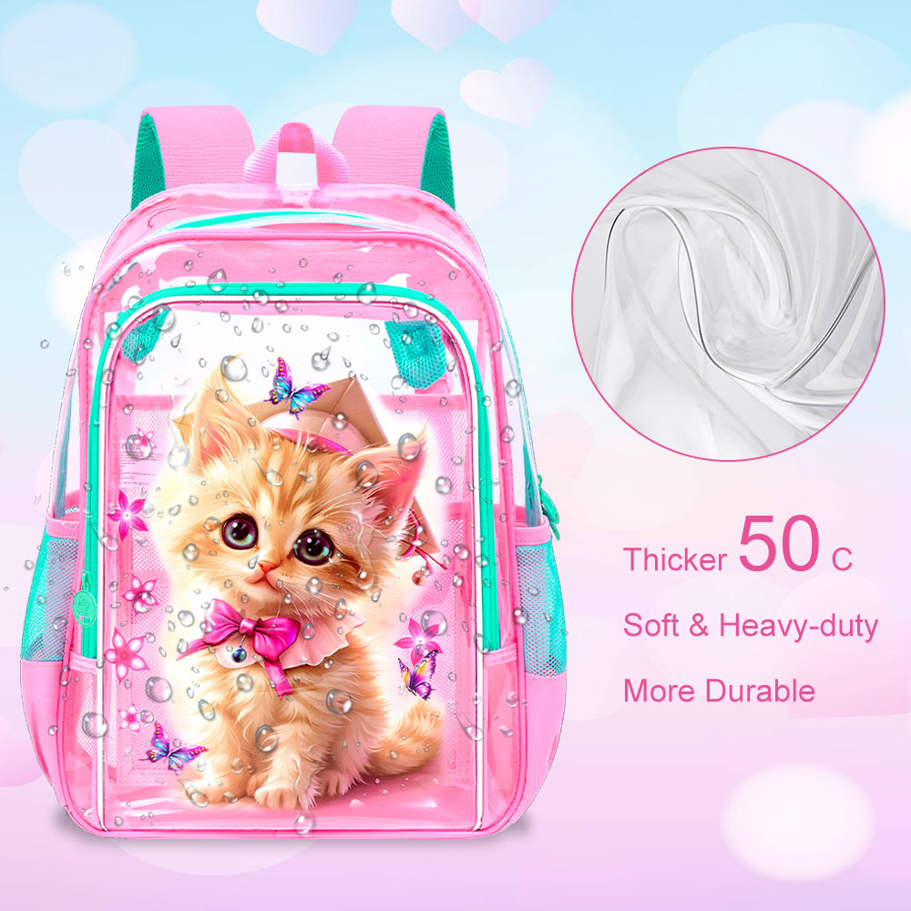 Mochila Transparente para Niña, Set de 3 Bookbags Claros, Bolso Escolar Transparente para Primaria y Preescolar - Doctor Gato Rosa 7