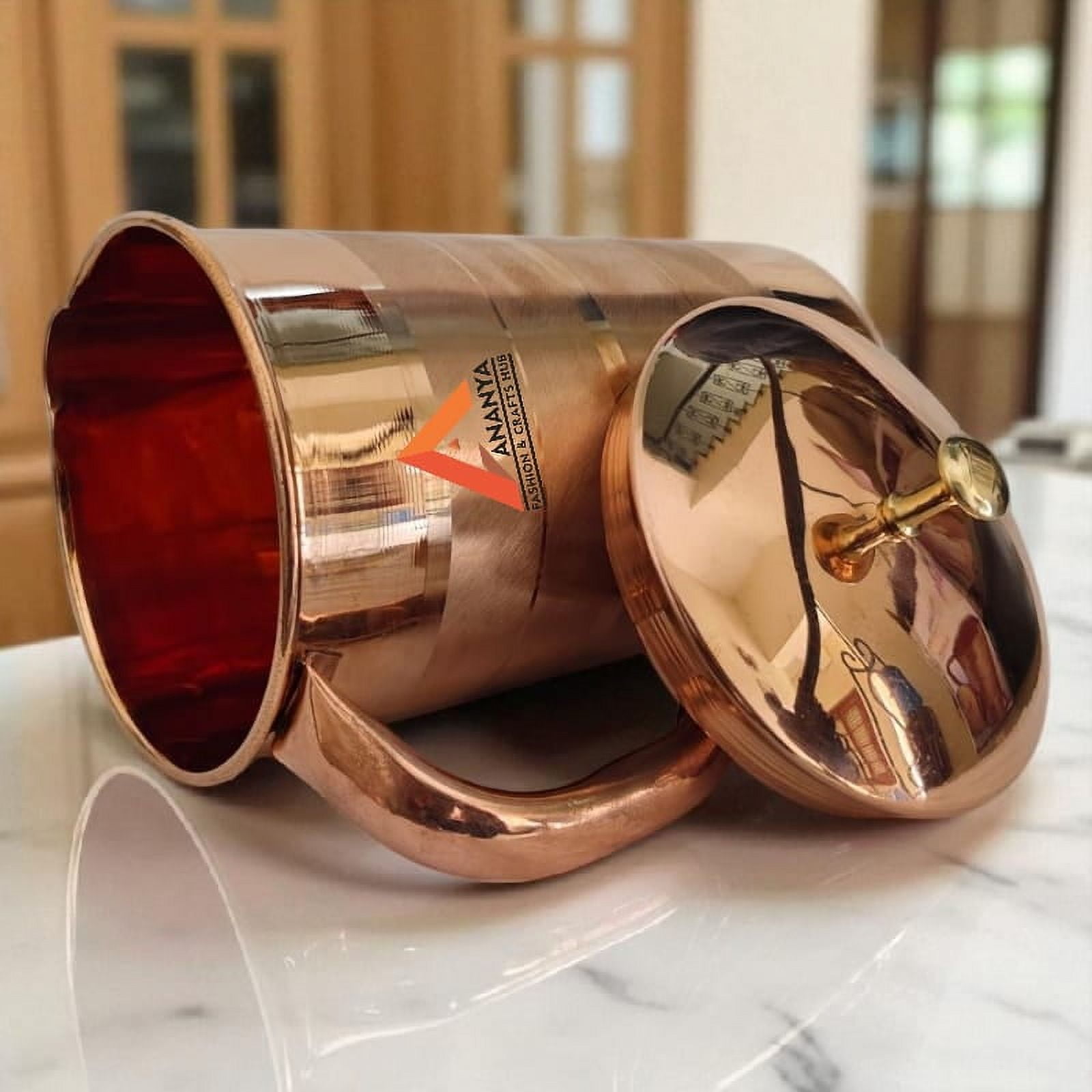 Ananya Fashion and Crafts Hub Pure Copper Water Jug with Brass Knob Top 1.5 Litre (1500 ml) + 6 Tumbler (300 ml) Silver Touch Ayurveda Health Benefits Pitcher Set of 7