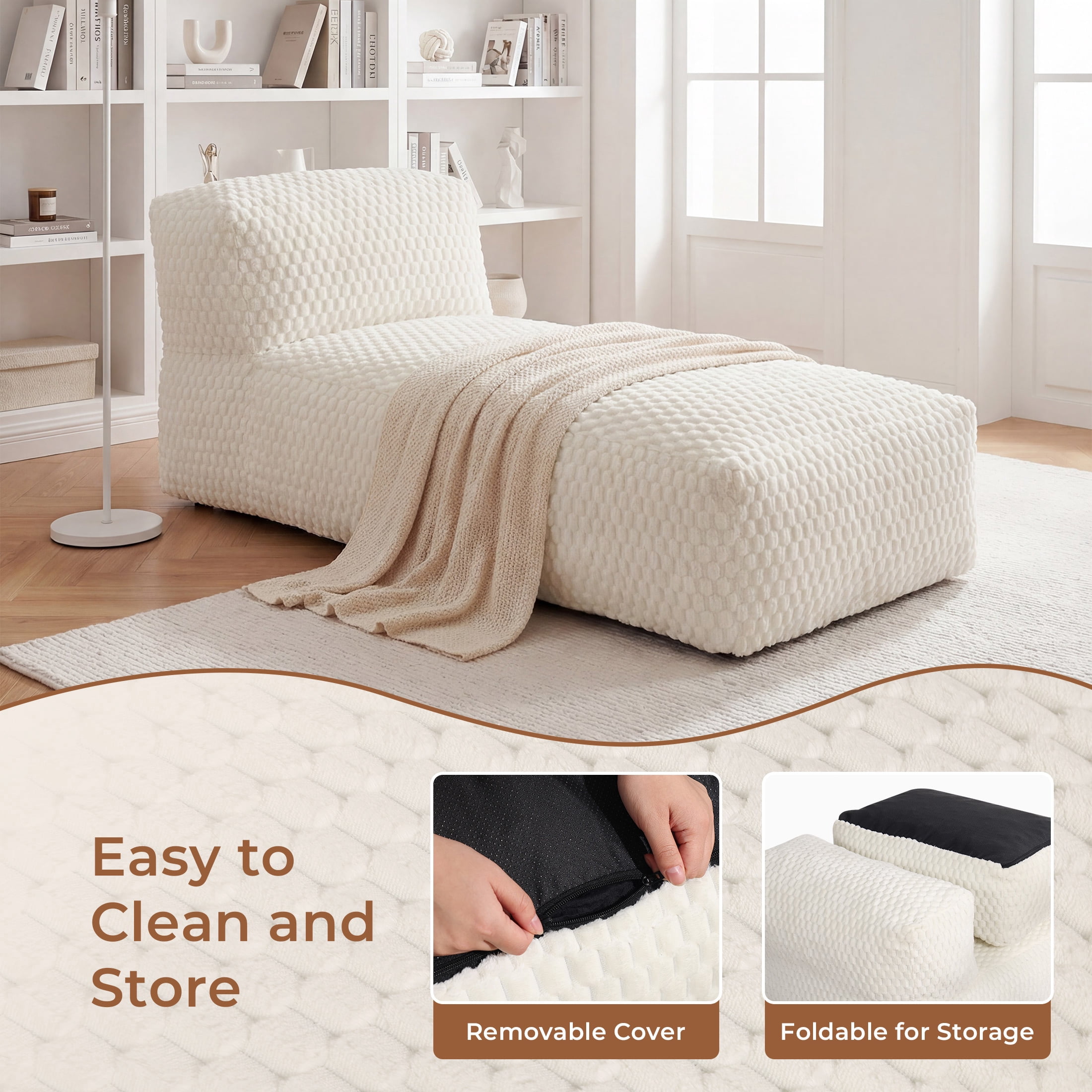 Poshby Big Bean Bag Lounger Chair for Adults, Large Flannel Plush Beanbag Sofa Chair for Living Room or Bedroom, White