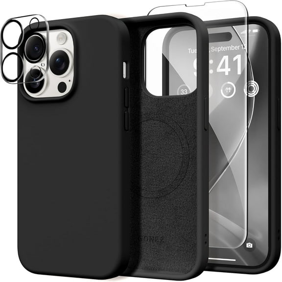 for iPhone 14 Pro Case, Compatible with Magsafe, with 2X Screen Protector 2X Camera Lens Protector, Soft Anti-Scratch Microfiber Lining, Shockproof Liquid Silicone Phone Cover, Black