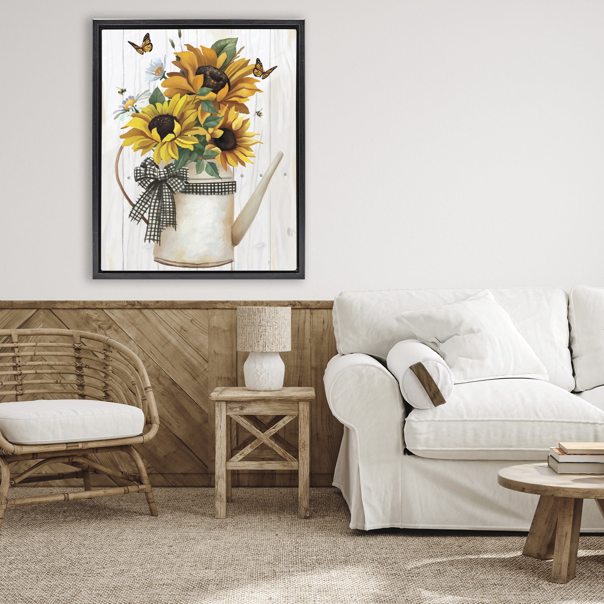 Stupell Industries Sunflower Trio in Watering Can Black Framed Floater Canvas Wall Art, design by Lucca Sheppard