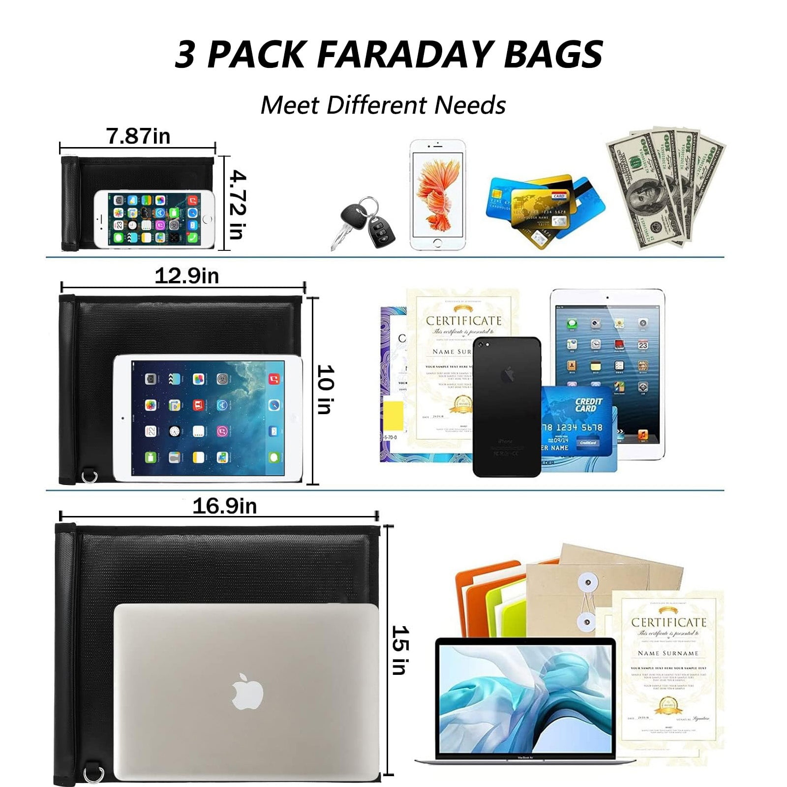3 Pack Faraday Bag for Laptops & Tablets & Car Keys, Faraday Pouch for Car Keys, Car Key Signal Blocker Pouch, Fireproof & Waterproof Signal Blocking Pouch, RFID Key Pouch（Black）
