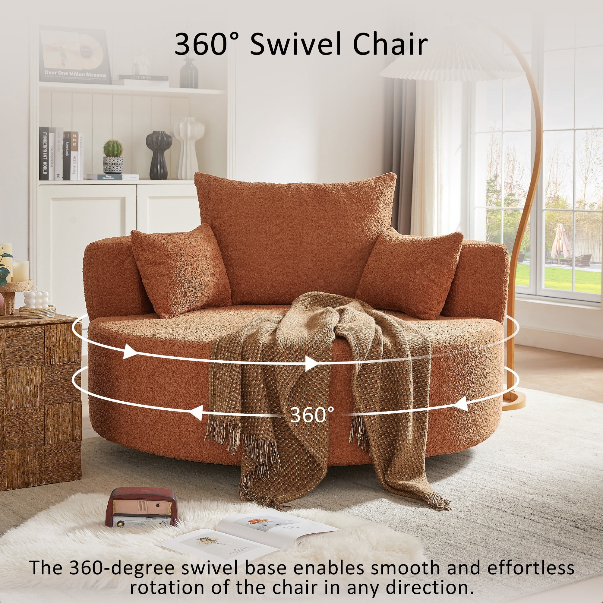 Swivel Round Sofa Couch Sofa Bed,360° Swivel Chair Accent Barrel Chair with 3 Removable Pillows for Living Room, Bedroom,Red