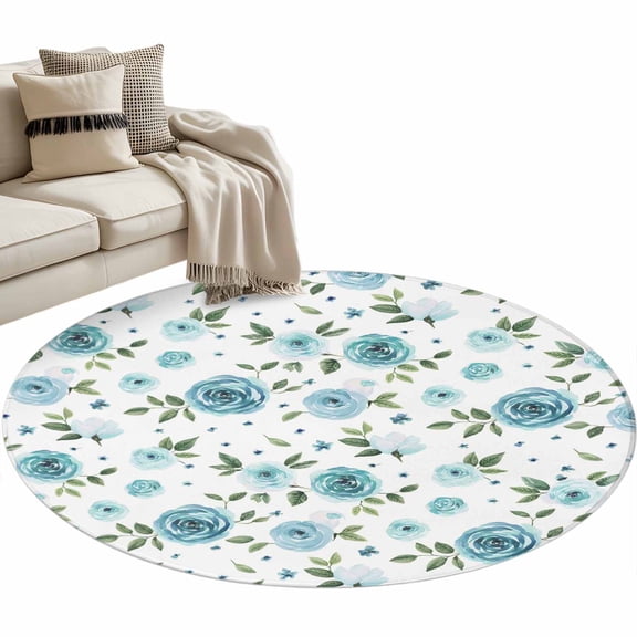 Round Area Rug 4ft Teal Blue Rose Floor Carpets Indoor Floor Area Mat Stain-Proof Mat Circle Rugs for Living Room Dining Room Kitchen Bedroom, Watercolor Farm Flower Sofa Throw Carpet