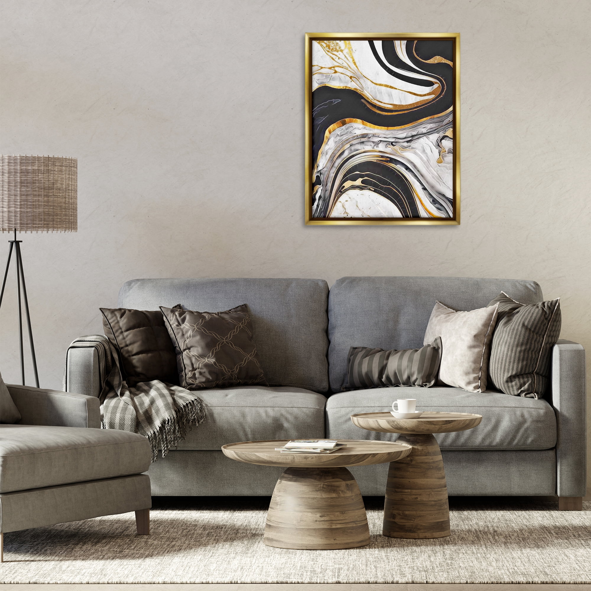 Stupell Industries Marbled Fluid Gold Accent Abstract Painting Gold Floater Framed Canvas Art Print Wall Art, 25 x 31