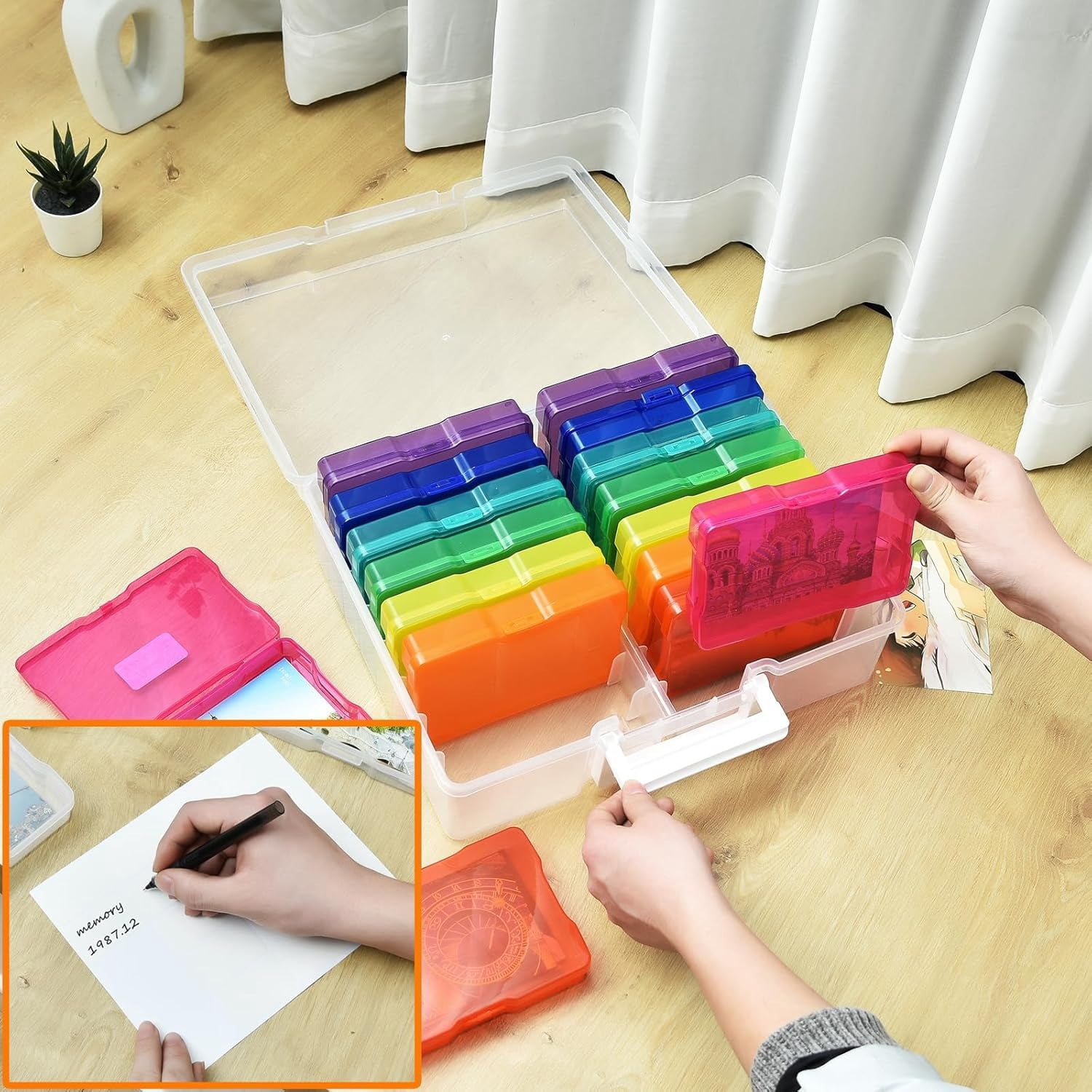 Photo Storage Box with Handle, 4" x 6" Photo Organizer Storage Container with 16 Inner Case and 1 Sheet Blank Labels for Pictures, Arts, Crafts, Sewing, Seeds, Office Supplies - Colored