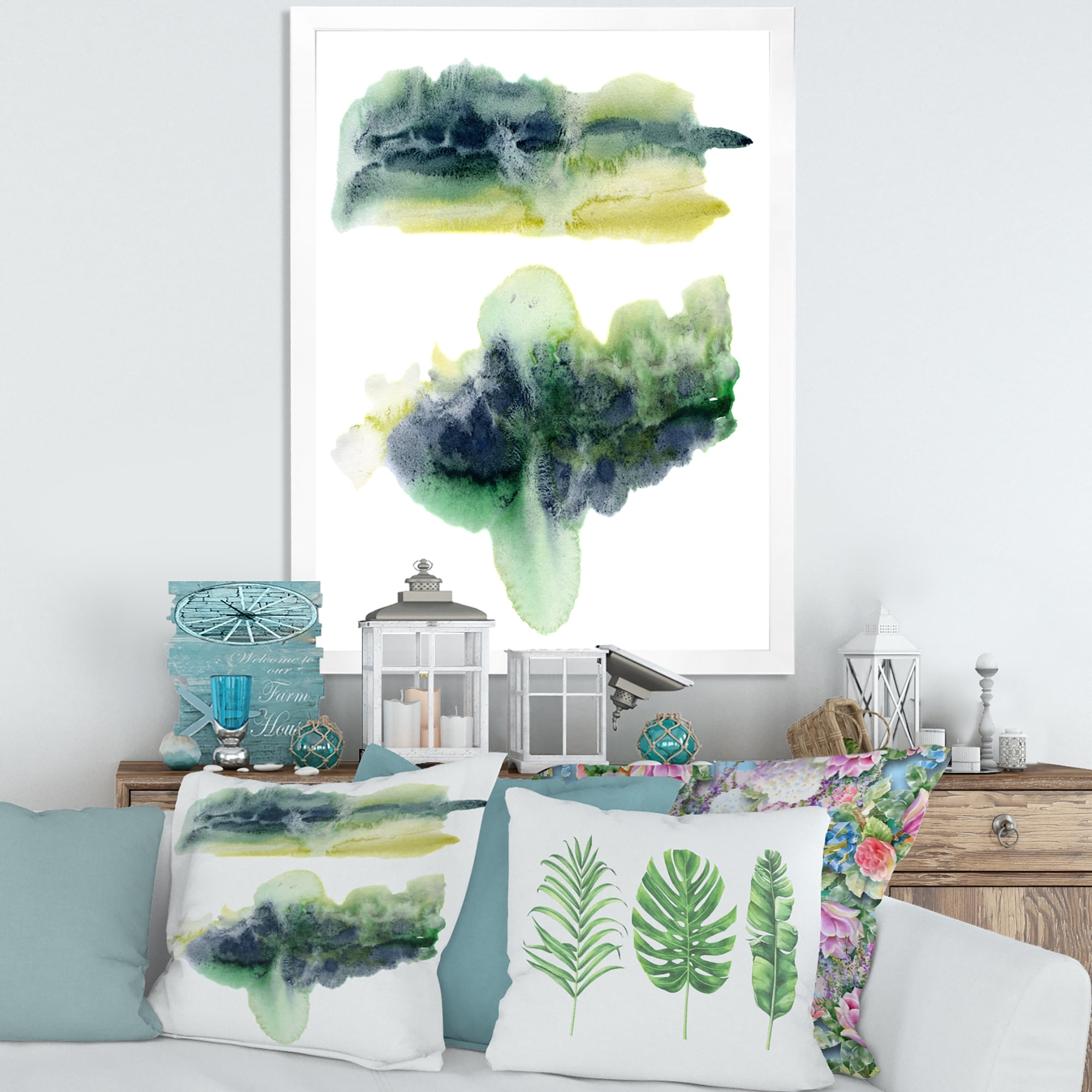Designart 'Golden Green Abstract Clouds IV' Modern Framed Art Print