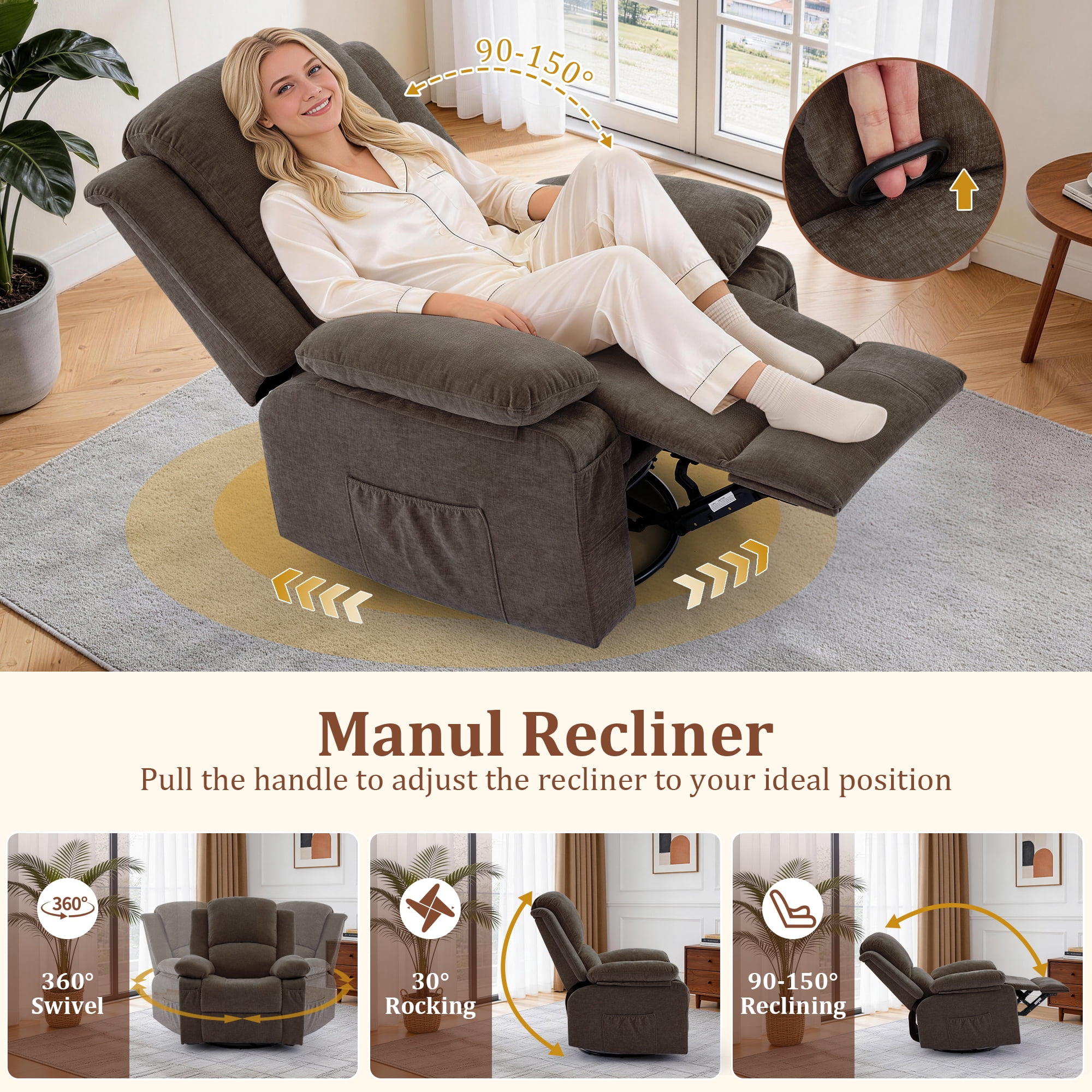 GEEYOO Swivel Rocker Recliner Chair with Massage and Heat Glider Recliner for Adults with Side Pockets Chenille for Living Room,Brown