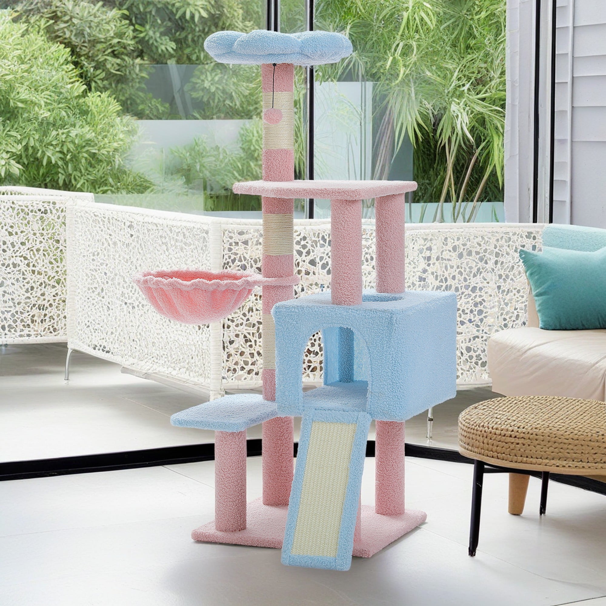 Kadyn 47" Flower Cat Tree Tower for Indoor Cats, Cat Condo with Pink Top Perch for Kittens, Cat Tree House with Sisal Scratching Posts, Blue
