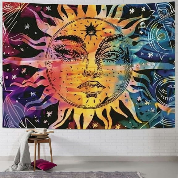 Creowell Psychedelic Colorful Sun and Moon Tapestry Wall Hanging, Indie Hippie Mandala Cool Trippy Wall Tapestries, Purple Tapestry for Bedroom Living Room Dorm Painting